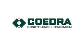 Logo da Coedra, especializada em construção e dragagem, com design geométrico em verde e laranja, simbolizando força e precisão no setor de engenharia.