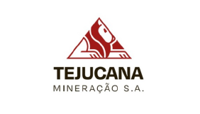 Logo da Tejucana Mineração S.A., com design clássico em vermelho e branco, transmitindo tradição e estabilidade na mineração.